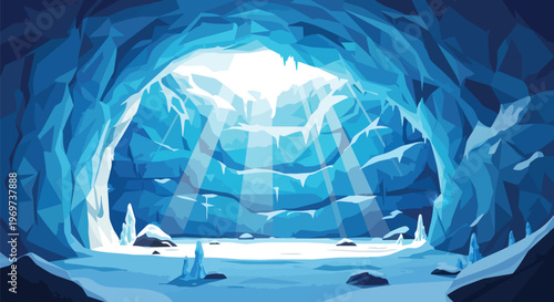 Low Poly Ice Cave Interior with Sunlight Beams