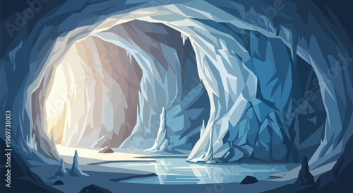 Ice Cave Interior with Frozen Lake and Light Entrance