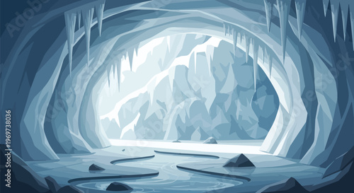 Ice Cave Interior with Frozen River and Icicles