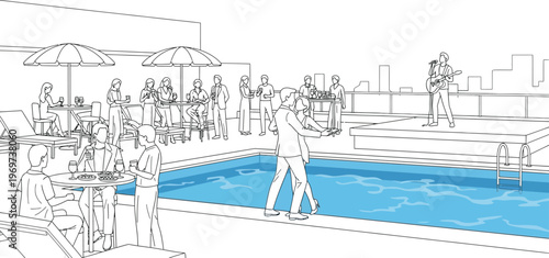 Rooftop pool party with live music and people socializing