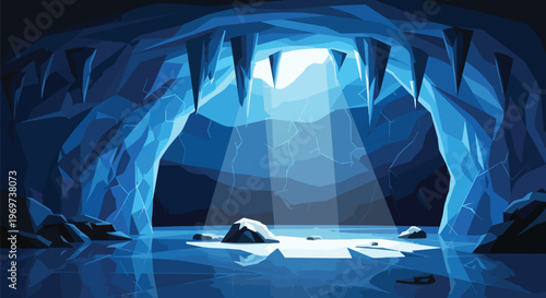 Stunning Blue Ice Cave Interior with Icicles and Sunlight Beam