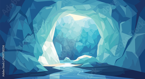 Abstract Low Poly Ice Cave with Underground River