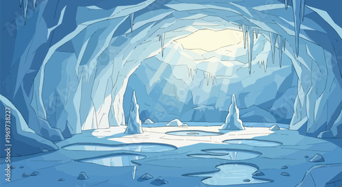 Cartoon Ice Cave Interior with Icicles and Frozen Puddles