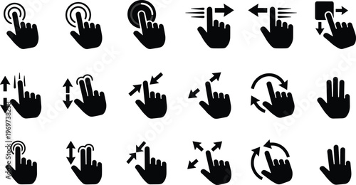 Touchscreen Gesture and Interaction Icons Set Featuring Tap, Swipe, Scroll, Pinch, and Rotate for Mobile, Web, and UI Designs