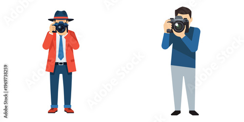 A photographer holding a sleek professional camera, minimalist flat design, no outlines, white background.