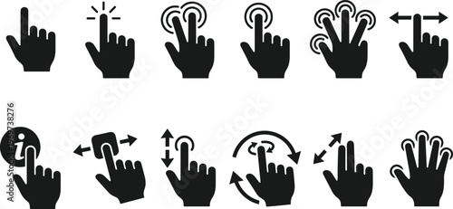 Touchscreen Gestures and Interactions Icons Set Featuring Tap, Pinch, Swipe, Zoom, and Multi-Finger Controls for Mobile, Web, and UI Designs