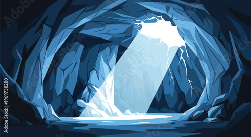 Mysterious Blue Cave Interior with Light Beam Shining Through Ceiling Opening