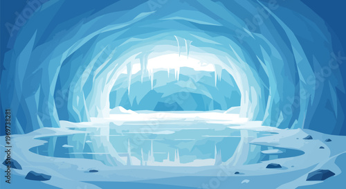 Stunning Ice Cave Interior with Frozen Lake and Icicles Background
