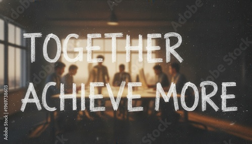 Collaborative Teamwork in Business Environment Promoting Unity and Achievement in Professional Setting with Inspirational Message Displayed