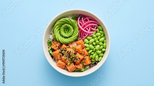 Wallpaper Mural Overhead view of a delicious poke bowl filled with cubes of raw salmon, vibrant green edamame, artfully sliced avocado, and bright pink pickled red onions. Torontodigital.ca