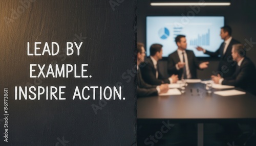 Business meeting focused on leadership and teamwork, with diverse professionals discussing strategies and inspiring colleagues in a modern corporate environment