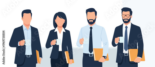 Diverse team of business professionals enjoying a coffee break, holding cups and folders, symbolizing collaboration, networking, and a productive work environment