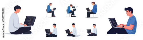 A software developer sitting with a laptop showing code, flat vector style, no stroke, white backdrop.