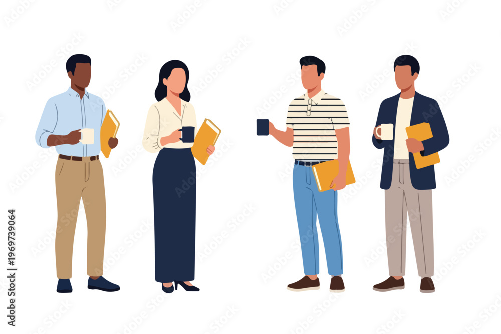 Obraz premium Diverse group of professionals holding coffee and folders in a modern office setting