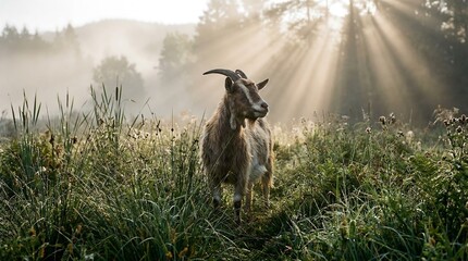 Majestic goat stands in a wide, misty morning landscape captured in stunning photos with cinematic sun rays