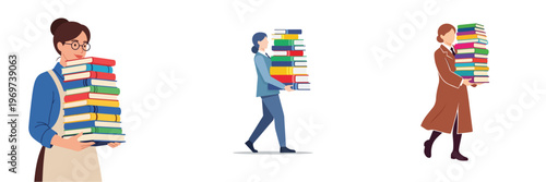 Dedicated female students in uniform hats carrying stacks of colorful books, a vector illustration symbolizing academic effort, knowledge acquisition, and the lifelong pursuit of education