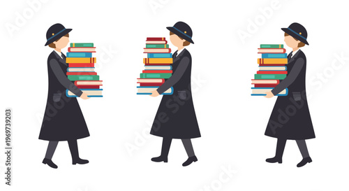 Dedicated female students in uniform hats carrying stacks of colorful books, a vector illustration symbolizing academic effort, knowledge acquisition, and the lifelong pursuit of education