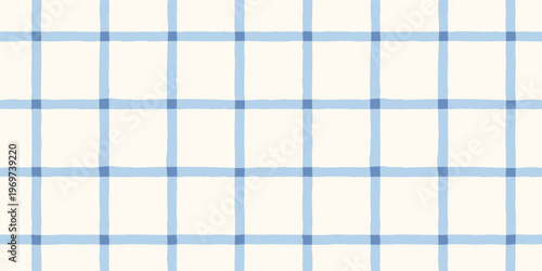 Blue watercolor gingham seamless pattern, hand-painted checkered grid background. Geometric background.