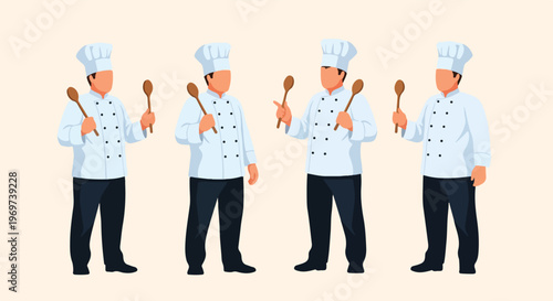 A diverse group of skilled culinary professionals in pristine chef uniforms and hats, each holding a wooden spoon, embodying teamwork and expertise in the kitchen environment