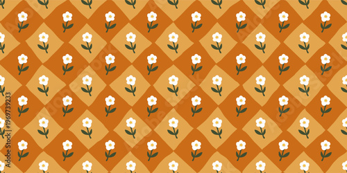 Daisy flower seamless pattern on orange checkered background. Grandmillennial floral texture. Retro-inspired background.