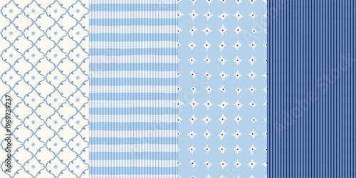 Cobalt blue and white seamless pattern set with geometric tiles, stripes, and abstract motifs. Perfect for high-quality textiles, boutique branding, wallpaper, and stationery projects.