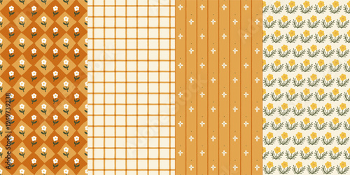 Countryside seamless patterns set with floral motifs, checkered grid, and stripes in mustard yellow and ochre tones. Decorative wrapping paper and textile backgrounds