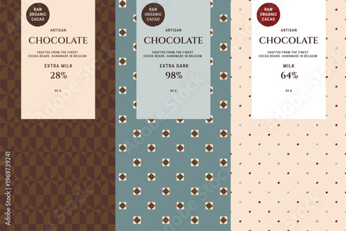 Set of seamless patterns for chocolate packaging with artisan label design templates. Confectionery branding. Wrapping paper