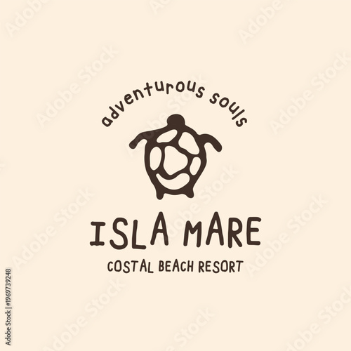 Turtle logo design for Isla Mare coastal beach resort with adventurous souls slogan on a beige background, hand-drawn vector illustration.