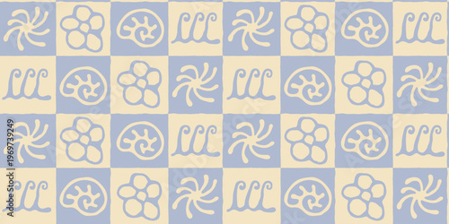 Tropical marine checkerboard seamless pattern with hand drawn seashells, waves and flower clouds. Summer background