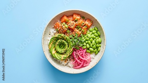 Wallpaper Mural A vibrant poke bowl with fresh salmon, avocado, edamame, and pickled onions is artfully arranged on a white rice base and presented on a light blue backdrop. Torontodigital.ca