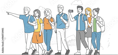 Group of happy tourists with backpacks walking and taking photos in famous cities