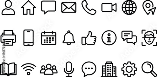 User Interface Icon Set Featuring Navigation, Communication, Media, Connectivity, Notifications, Settings, and Mobile App Controls Line Vector Symbols