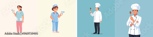 Diverse professional illustrated characters medical staff and culinary experts holding instruments