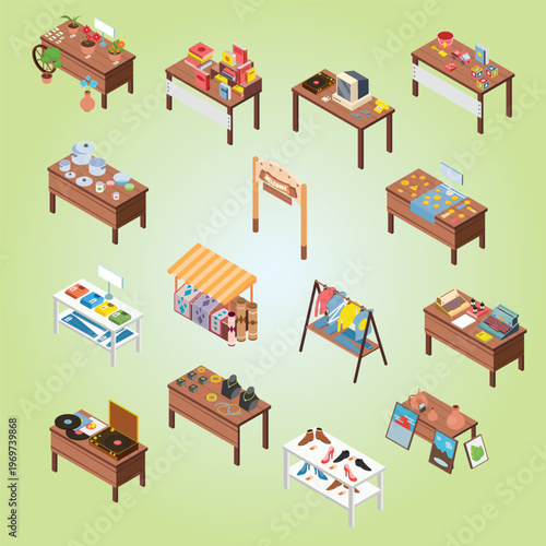 set isolated fleat market garage isometric images with wooden tables stalls with various goods vector