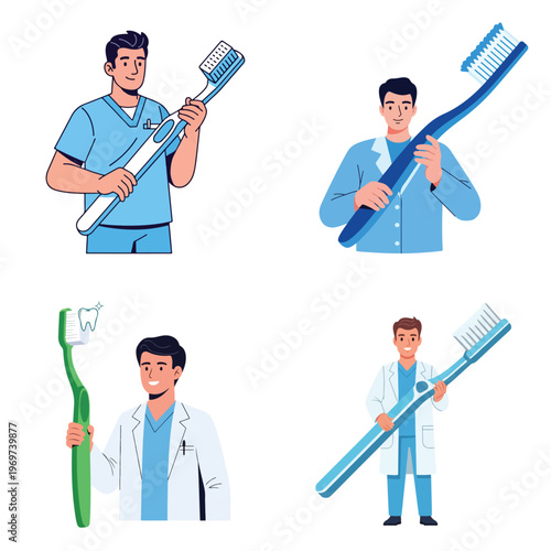 Dental professionals holding oversized toothbrushes, promoting oral hygiene and dental care practices