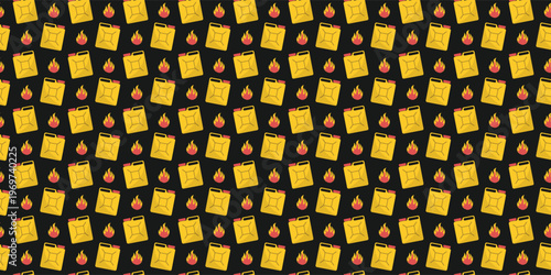 Seamless pattern of fuel cans and flames. Fuel canister seamless pattern for automotive theme