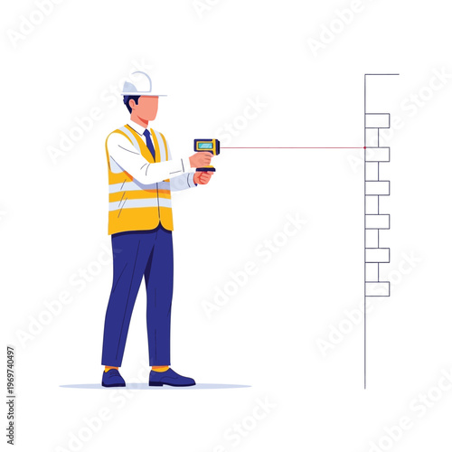 Construction worker in safety vest using laser measuring device to scan a brick wall on a white background