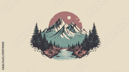 Sunset Mountain Forest Landscape With River In Circular Emblem Vector Illustration