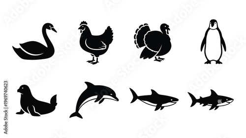 A collection of diverse avian and aquatic animals depicted in stark black shapes creating a striking silhouette high quality professional detailed
