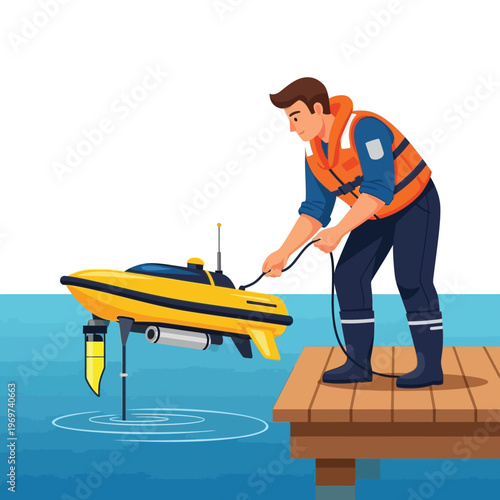 Dedicated researcher launching an advanced autonomous marine drone from a wooden dock into calm blue water, initiating vital underwater data collection and aquatic exploration