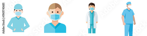 Set of four flat illustrations of medical professionals wearing face masks and scrubs, representing healthcare workers during a pandemic or general medical settings