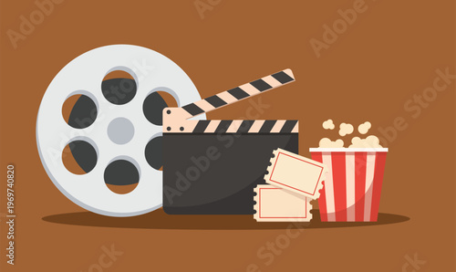 Movie theater entertainment set with popcorn and film equipment. vector illustration