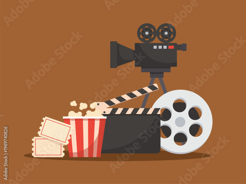 Movie theater entertainment set with popcorn and film equipment. vector illustration