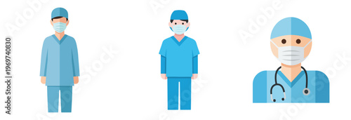 Diverse illustrations of medical professionals in scrubs and protective masks, representing essential healthcare staff and frontline workers during health crises