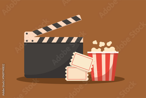 Movie theater entertainment set with popcorn and film equipment. vector illustration