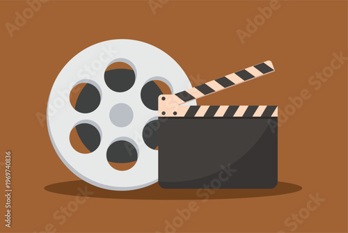 Movie theater entertainment set with popcorn and film equipment. vector illustration