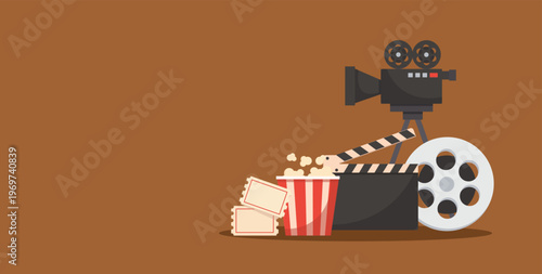Movie theater entertainment set with popcorn and film equipment. vector illustration
