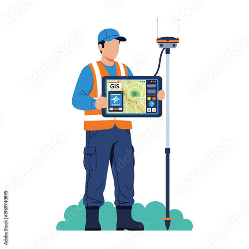 Surveyor holding GPS device and tablet showing a map for land surveying and geographic information system