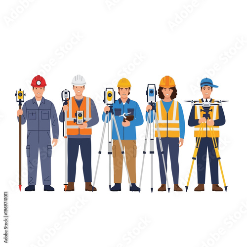 Skilled team of land surveyors and civil engineers in safety gear, using modern measurement tools for construction and mapping projects. Flat design vector illustration