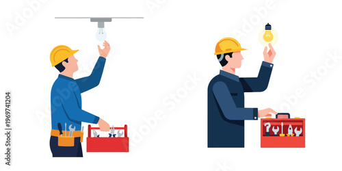 Electrician installing light bulb with toolbox, professional repair and maintenance service